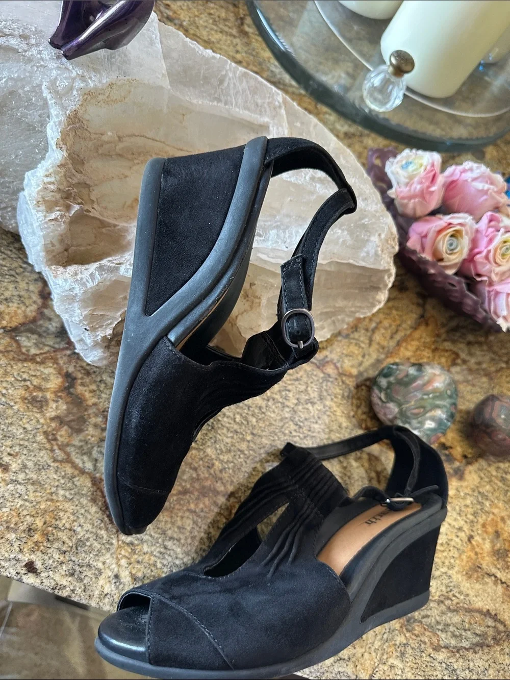Earth Origins Black Suede Peep-Toe Slingback Heels worn once